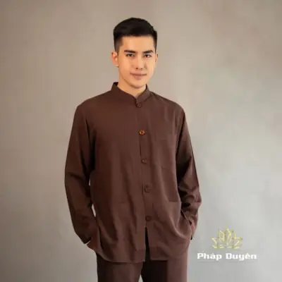 Alternative View Of Bộ Cư Sĩ Nam Nút Nhựa Tay Dài Vải Linen, Màu Nâu Đen, Nhiều Size
