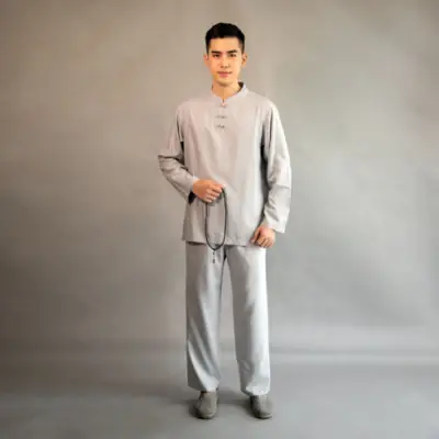 Bộ Nam Cổ Trụ Dài Tay Vải Linen Hàn Quốc Màu Xám, Nhiều Size