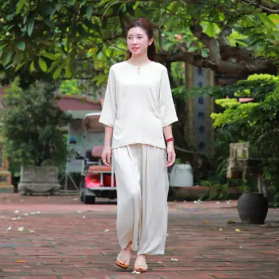 Bộ Quần Áo Nữ Vải Linen Cao Cấp, Cổ Tròn Màu Be