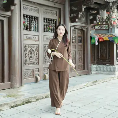 Bộ Quần Áo Nữ An Hạ Thô Đũi Cao Cấp Vạt Chéo Màu Nâu, Size S,m,l,xl,xxl