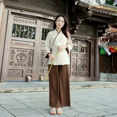 Bộ Quần Áo Nữ An Hạ Thô Đũi Cao Cấp Vạt Chéo Áo Be, Quần Nâu, Size S,m,l,xl,xxl