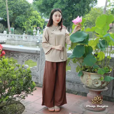 Alternative View Of Bộ Quần Áo Đi Chùa Nữ An Nhiên, Áo Be Quần Nâu, Vải Linen