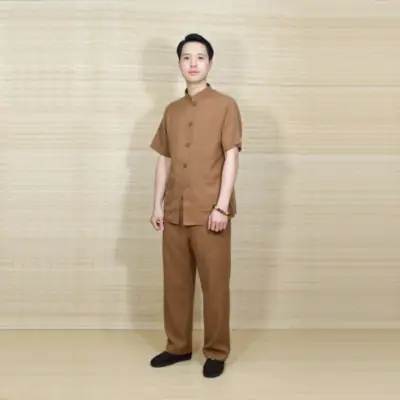 Bộ Quần Áo Cư Sĩ/phật Tử Nam Nút Nhựa Tay Ngắn Vải Linen, Màu Nâu Đất, Nhiều Size