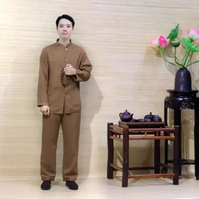Bộ Quần Áo Cư Sĩ Nam Dài Tay, Vải Linen Màu Nâu Nút Nhựa, Size S, M, L, Xl