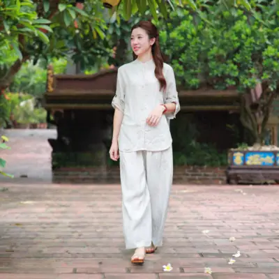 Bộ Quần Áo Nữ Linen Cao Cấp Kẻ Xám