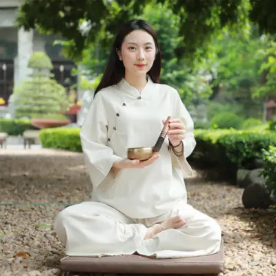 Bộ Quần Áo Đi Chùa Nữ An Nhiên, Màu Trắng Ngà, Vải Linen