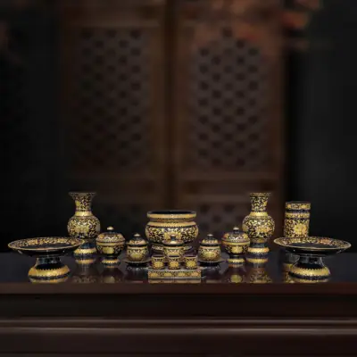 Bộ Đồ Thờ Gốm Màu Đen Hoa Sen Vàng, Nhiều Kích Cỡ