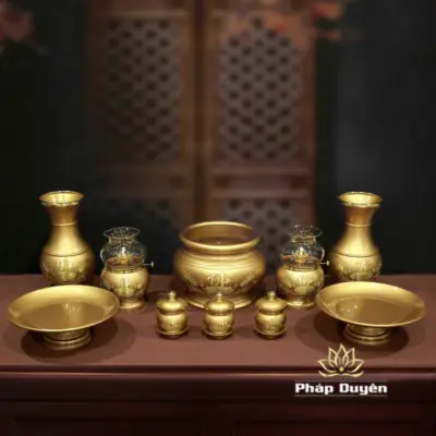 Bộ Đồ Thờ Hoa Sen Chữ Phật Đồng Vàng