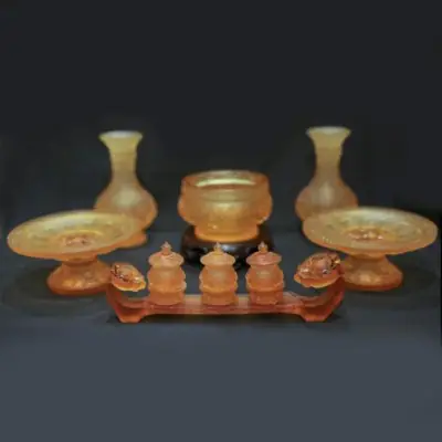 Bộ Đồ Thờ Lưu Ly Hoa Sen Vàng Nổi Cao Cấp