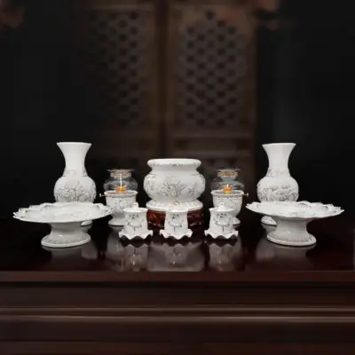 Bộ Đồ Thờ Gốm Trắng Hoa Sen Viền Vàng, Nhiều Kích Cỡ