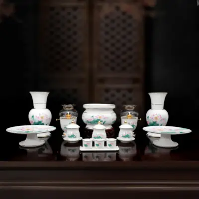 Bộ Thờ Sứ Trắng Hoa Sen Hồng Lá Xanh, Nhiều Kích Cỡ