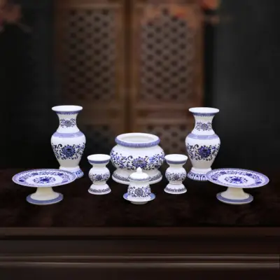 Bộ Đồ Thờ Sứ Trắng Hoa Sen Xanh