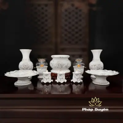 Alternative View Of Bộ Đồ Thờ Gốm Trắng Hoa Sen Viền Vàng, Nhiều Kích Cỡ