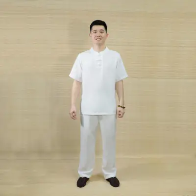 Bộ Phật Tử Nam Cổ Trụ Tay Ngắn, Vải Linen, Màu Trắng, Nhiều Size Bộ Phật Tử Nam Cổ Trụ Tay Ngắn, Vải Linen, Màu Trắng, Nhiều Size
