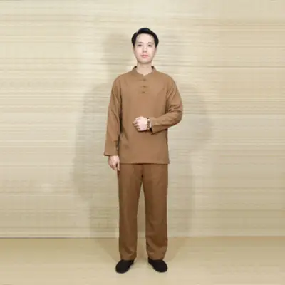 Bộ Quần Áo Phật Tử Nam Cổ Trụ Tay Dài Vải Linen Màu Nâu Đất, Nhiều Size Bộ Quần Áo Phật Tử Nam Cổ Trụ Tay Dài Vải Linen Màu Nâu Đất, Nhiều Size