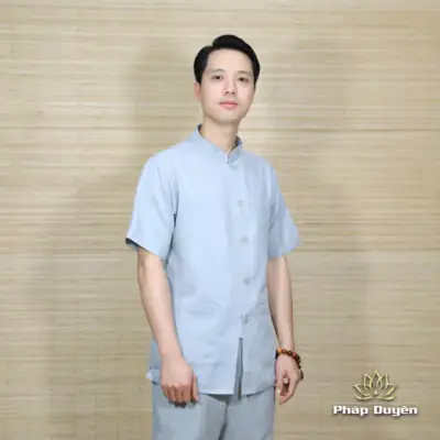 Alternative View Of Bộ Quần Áo Cư Sĩ/phật Tử Nam Tay Ngắn Đi Chùa, Vải Linen Hàn Quốc Màu Xám Nút Nhựa, Nhiều Size
