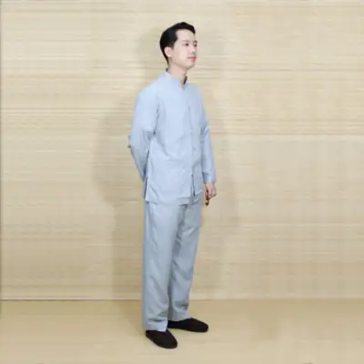 Bộ Quần Áo Phật Tử Nam Nút Nhựa Tay Dài Vải Linen, Màu Xám Nút Nhựa, Nhiều Size