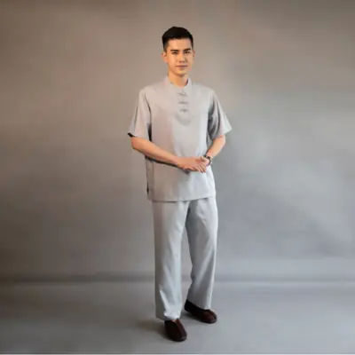 Bộ Cư Sĩ Nam Cổ Trụ Tay Ngắn Vải Linen Màu Xám, Size S, M, L, Xl