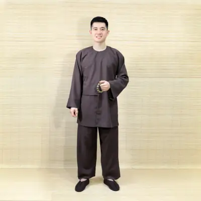 Bộ Pháp Phục Vạt Hò Phật Tử Nam Đi Lễ Chùa Vải Linen, Màu Nâu Đen, Nhiều Size