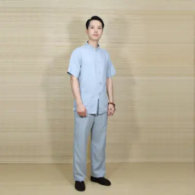 Bộ Quần Áo Cư Sĩ/phật Tử Nam Tay Ngắn Đi Chùa, Vải Linen Hàn Quốc Màu Xám Nút Nhựa, Nhiều Size