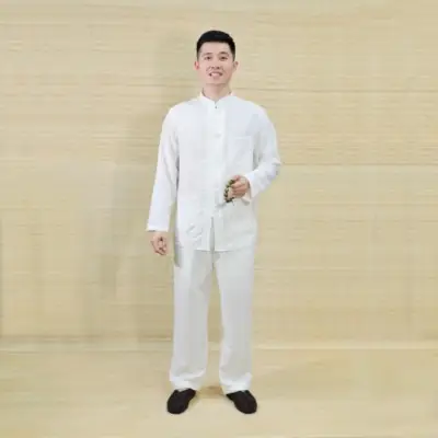 Bộ Quần Áo Phật Tử Nam Màu Trắng Dài Tay Nút Nhựa Vải Linen, Nhiều Size