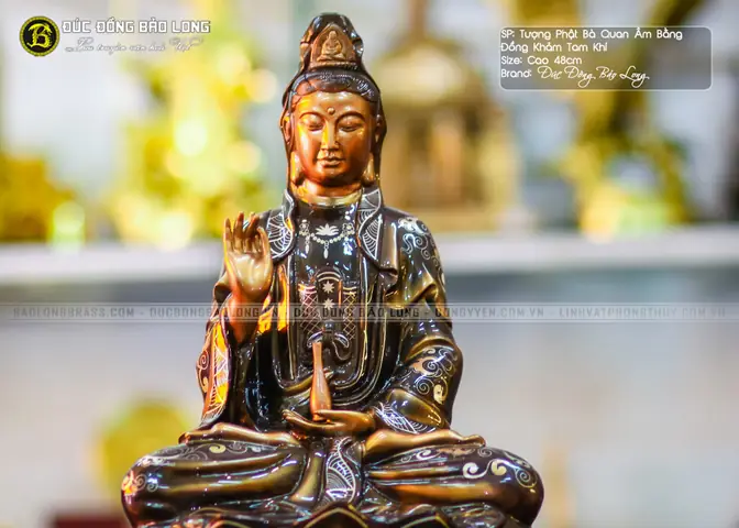 Tượng Phật Quan Âm Bằng Đồng Khảm Tam Khí Cao 48cm Được Chế Tác Như Nào?