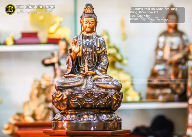 Tượng Phật Quan Âm Bằng Đồng Khảm Tam Khí Cao 48cm