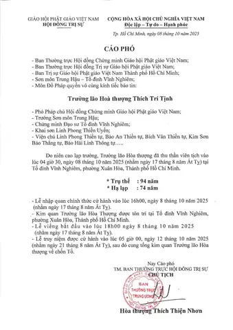 Giáo Hội Phật Giáo Việt Nam Cáo Phó: Trưởng Lão Hòa Thượng Thích Trí Tịnh Viên Tịch