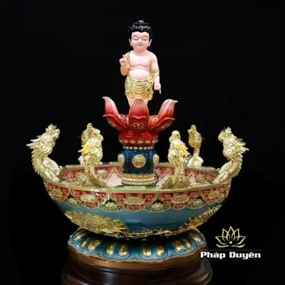 Alternative View Of Chậu Tắm Phật Cửu Long Kèm Tượng Đản Sanh, Bằng Composite Dát Vàng Màu Xanh, Nhiều Kích Thước