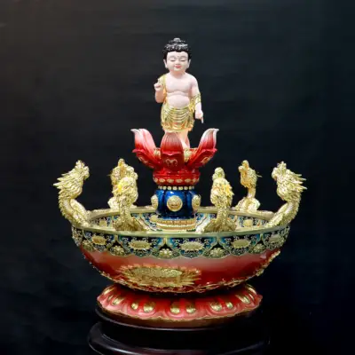 Chậu Tắm Phật Cửu Long Kèm Tượng Đản Sanh, Bằng Composite Dát Vàng Màu Đỏ, Nhiều Kích Thước