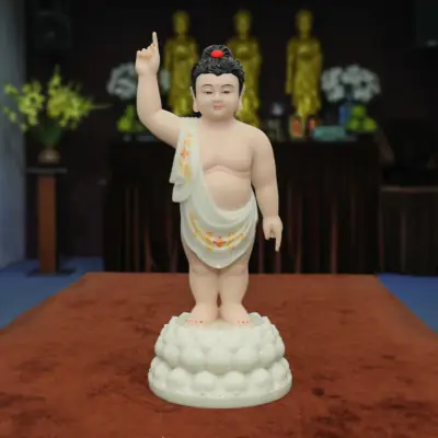 Tượng Phật Đản Sanh Bột Đá Áo Trắng Vẽ, Cao 40cm, 48cm