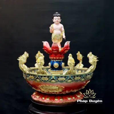Alternative View Of Chậu Tắm Phật Cửu Long Kèm Tượng Đản Sanh, Bằng Composite Dát Vàng Màu Đỏ, Nhiều Kích Thước