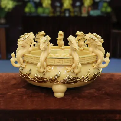 Chậu Tắm Phật Cửu Long Bằng Bột Đá Thạch Anh Viền Vàng, Kích Thước 33x60cm, 40x75cm (chưa Có Tượng)