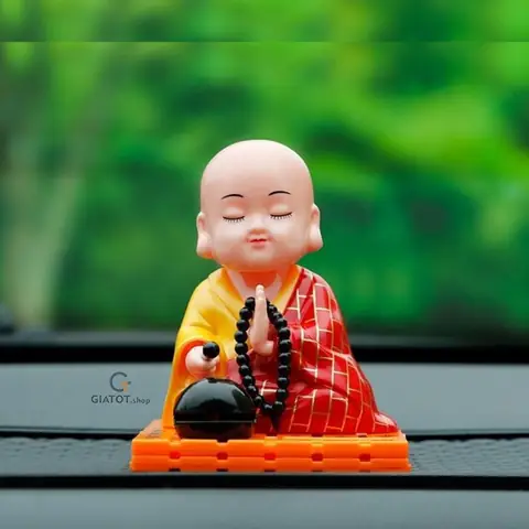 Tượng Phật Chú Tiểu Gõ Mõ Tụng Kinh Dùng Pin Nlmt Áo Cà Sa Đỏ Loại To