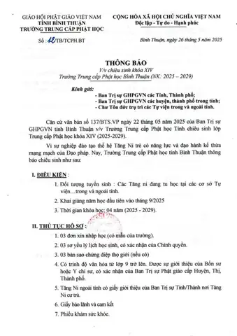 Bình Thuận: Trường Trung Cấp Phật Học Tỉnh Thông Báo Chiêu Sinh Lớp Trung Cấp Phật Học Khóa Xiv (2025-2029)