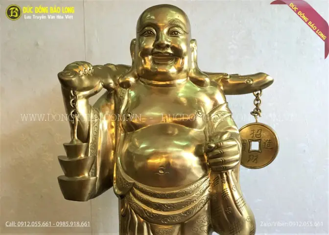 Tượng Phật Di Lặc Đứng Vác Gậy Như Ý Bằng Đồng Catut