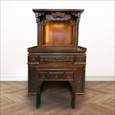 Ban Thờ Gia Tiên, Ban Thờ Phật Chữ Nho Song Lầu, Gỗ Hương Đá, Màu Óc Chó, Kt 155*69*232 Cm