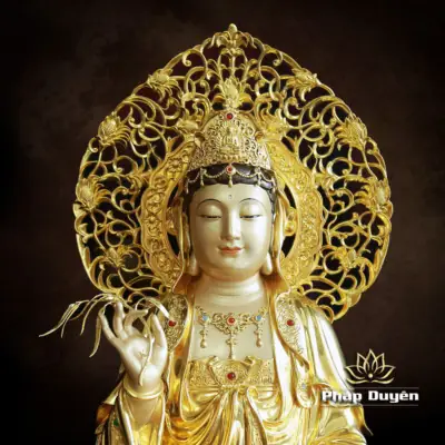 Alternative View Of Tượng Quan Âm Ngồi Đài Sen Bằng Đồng Men Cổ Viền Vàng Mẫn Bảo, Cao 66cm (tổng Lá Đề 77cm)