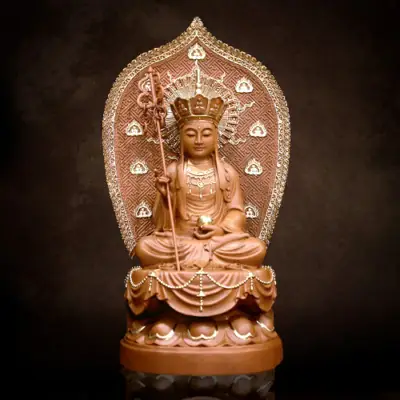 Tượng Địa Tạng Bồ Tát Đài Sen Có Lá Đề Viền Vàng Bằng Gỗ Nguyên Màu, Cao 48cm (tổng Lá Đề 65cm)