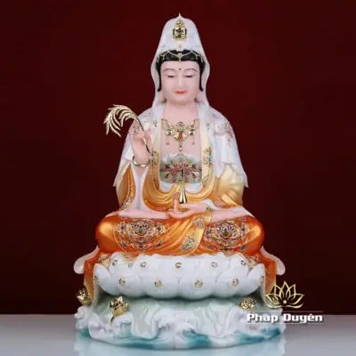 Tượng Quan Âm Bồ Tát Ngồi Đế Non Nước, Bột Đá Áo Cam, Nhiều Kích Thước
