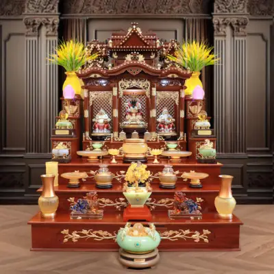 Bộ Bàn Thờ Thần Tài - Thổ Địa Ba Gian "thái Hòa Hưng Vượng" Gỗ Hương, Kích Thước 153*127*189cm