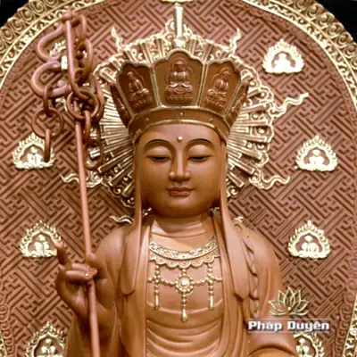 Alternative View Of Tượng Địa Tạng Bồ Tát Đài Sen Có Lá Đề Viền Vàng Bằng Gỗ Nguyên Màu, Cao 48cm (tổng Lá Đề 65cm)