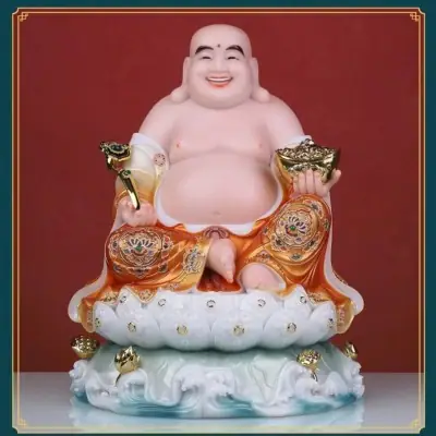 Tượng Phật Di Lặc Bồ Tát Ngồi Đế Non Nước, Bột Đá Áo Cam, Nhiều Kích Thước