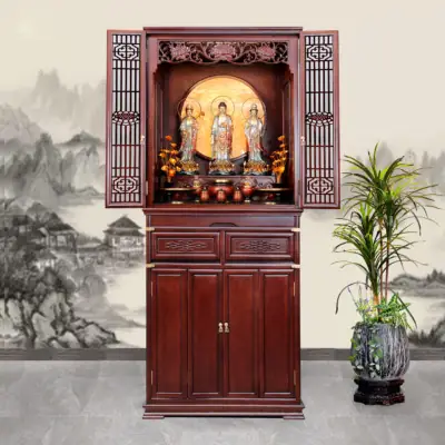 Bộ Tủ Thờ Phật - Gia Tiên Bốn Cánh Đồng Vân Đá Nâu Đỏ, "liên Hoa", Kt 89*68*215 Cm, Nhiều Chất Liệu