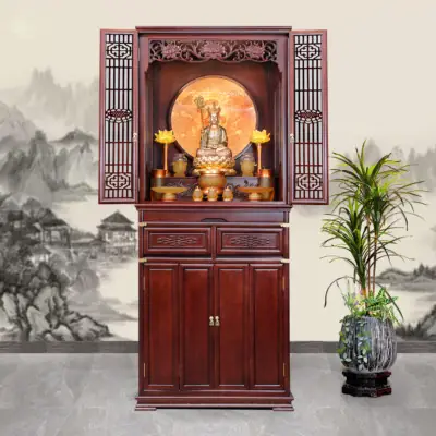 Bộ Tủ Thờ Phật - Gia Tiên Bốn Cánh Lưu Ly Vàng, "liên Hoa", Kt 89*68*215 Cm, Nhiều Chất Liệu