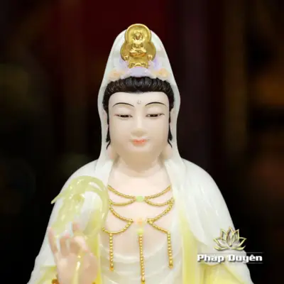 Alternative View Of Tượng Quan Âm Bồ Tát Ngồi Non Nước, Chất Liệu Bột Đá Màu Ngọc Cẩm Thạch Viền Vàng, Cao 48cm