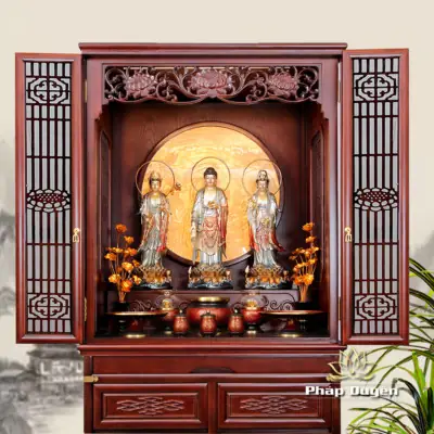 Alternative View Of Bộ Tủ Thờ Phật - Gia Tiên Bốn Cánh Đồng Vân Đá Nâu Đỏ, "liên Hoa", Kt 89*68*215 Cm, Nhiều Chất Liệu