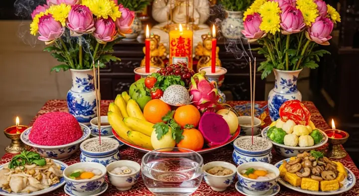 Vho - Mâm Cúng Phật Ngày Rằm Tháng 7 Mang Ý Nghĩa Thanh Tịnh, Thể Hiện Lòng Thành Kính Với Tam Bảo Và Tinh Thần Hiếu Hạnh, Từ Bi Trong Mùa Vu Lan Báo Hiếu.