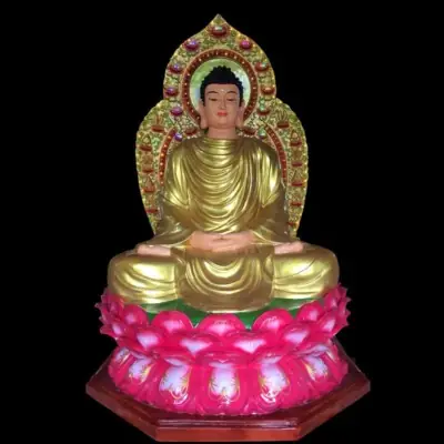 Tượng Bổn Sư Thích Ca Mâu Ni Áo Vàng Ngồi Đài Sen Hồng Đế Bát Giác Bằng Composit, Cao 2m4