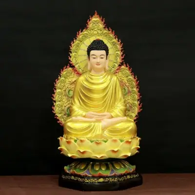 Tượng Ngài Bổn Sư Thích Ca Ngồi Đài Sen Có Lá Đề Sơn Vẽ Cao Cấp Bằng Composite, Cao 70cm